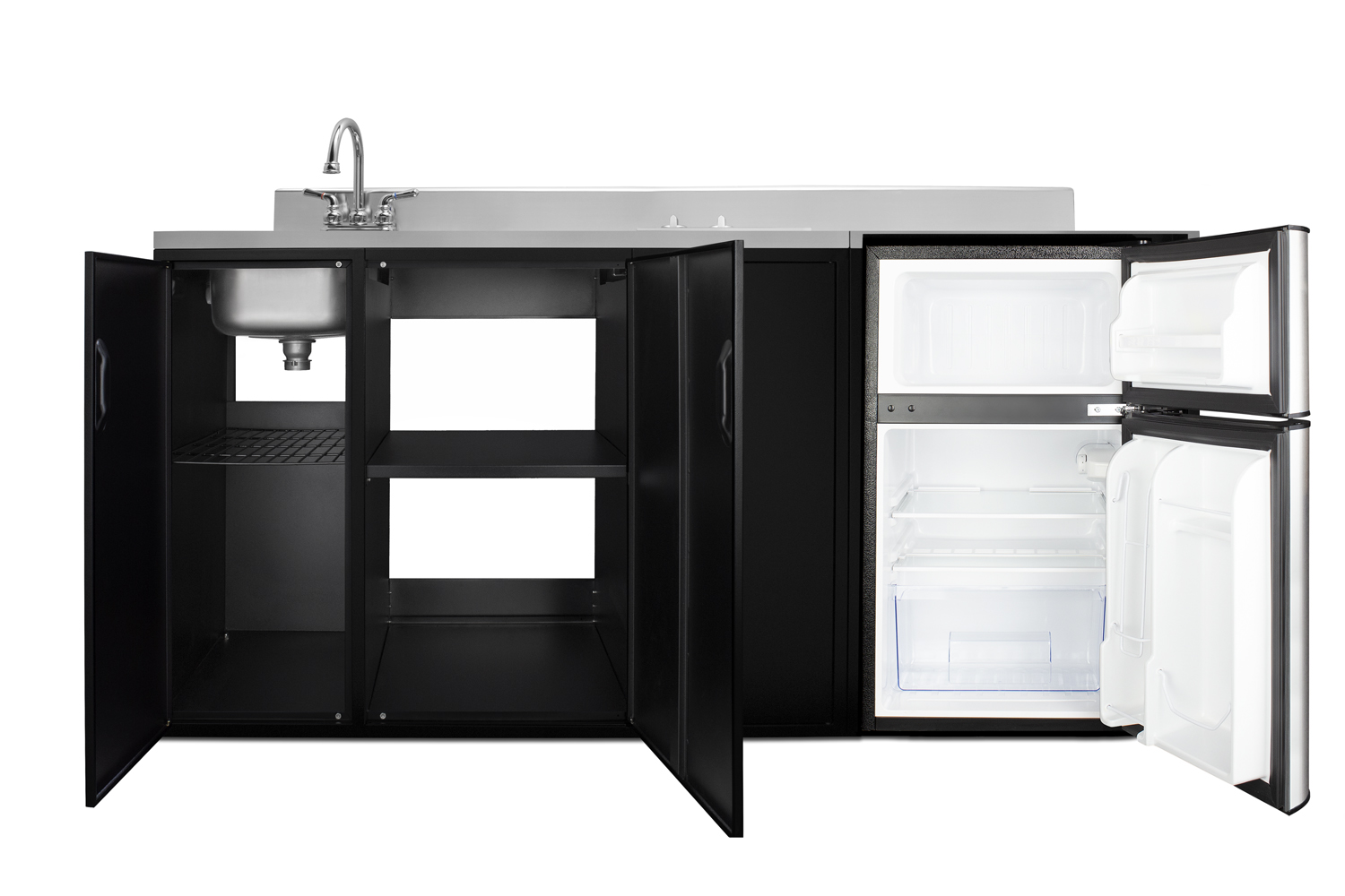 72 inch wide, ADA counter height all-in-one kitchenette in black with a 2-burner 115V smooth top cooktop, 2-door refrigerator-freezer, sink, and three storage cabinets
